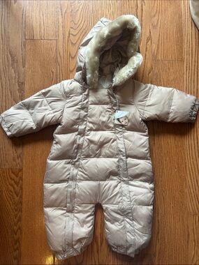 9-12M Down-filled Puffer Snowsuit in Light Pinky Taupe - Cozy Hooded One-Piece